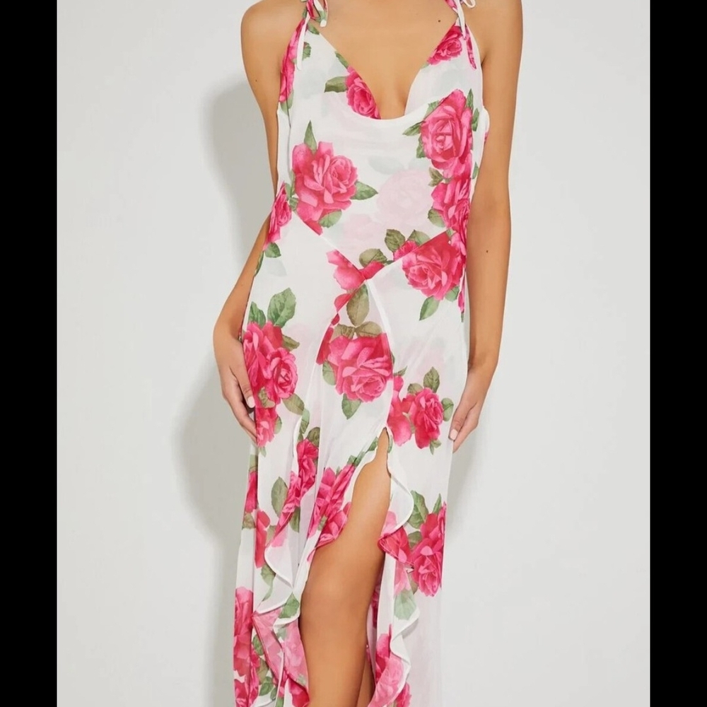 Betsey Johnson White Maxi Dress with Pink Rose Print
